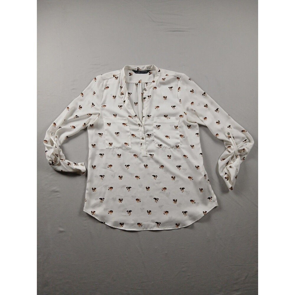 Zara Woman Dog Print Popover Blouse Womens Medium M 100% Polyester Jack Russell